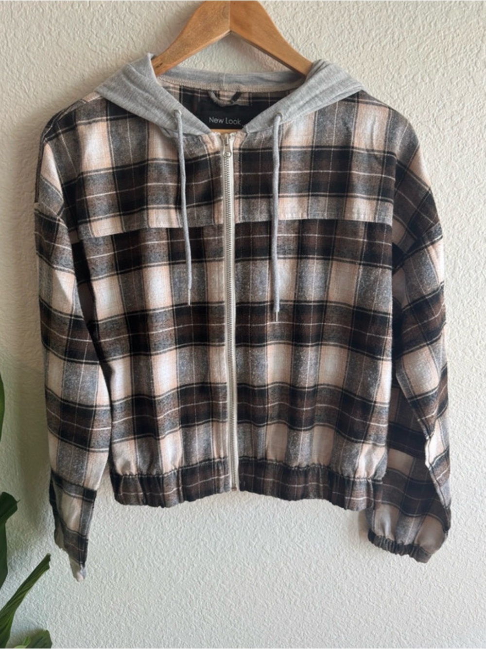 New Look Plaid Zip Hoodie Jacket - Black, Cream & Brown